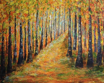 Impressionist Oil Painting: 30x30 Autumn Forest, Heavy Impasto Texture