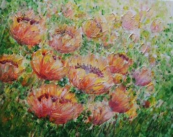 Textured Orange Yellow Floral Impasto Painting | Vibrant Garden Canvas Art