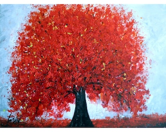 RED BLOSSOM Tree on Gray Large Painting Original Art Extra Large Art by Luiza Vizoli