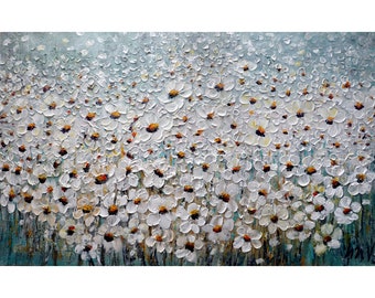 Textured Daisy Painting, White Floral Wall Art, Aqua Blue Turquoise Canvas, Large Original Flower Painting