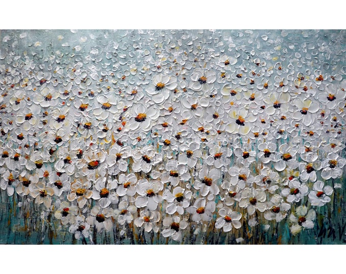 Textured Daisy Painting, White Floral Wall Art, Aqua Blue Turquoise Canvas, Large Original Flower Painting