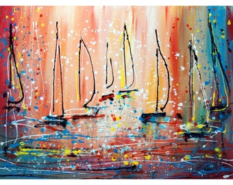 SUNLIGHT Original Painting Inspired by Pollock Boats Sunset on the Lake Extra Large Canvas Art by Luiza Vizoli