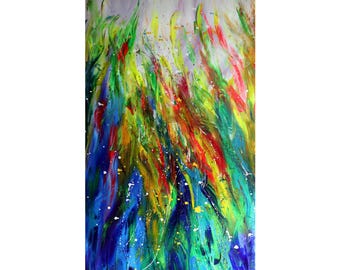 Tropical Reflections – 72x36 extra large canvas | Original Colorful Blue Red Green Leaf Painting |Modern Wall Art on Canvas by Luiza Vizoli