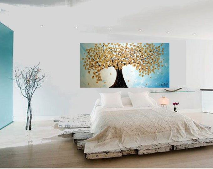 Gold Cherry Blossom Abstract Large Painting Art by Luiza Vizoli Extra Large Painting ready to hang