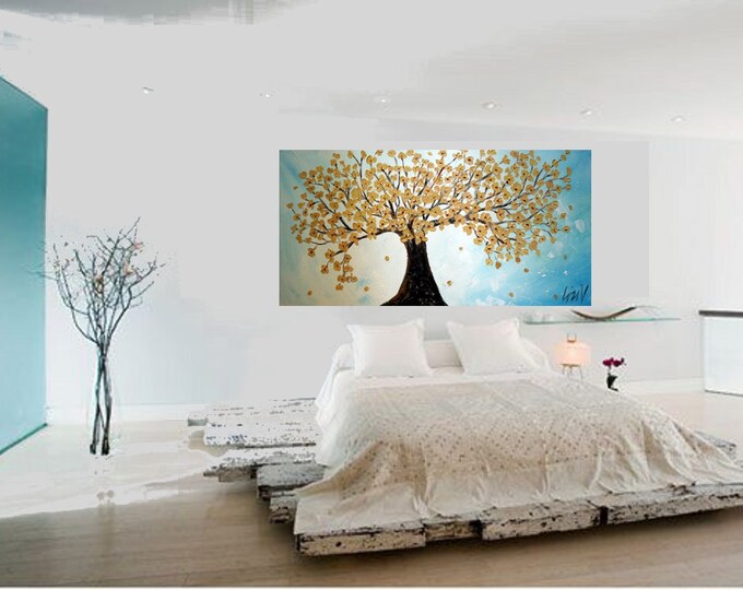 Gold Cherry Blossom Abstract Large Painting Art by Luiza Vizoli Extra Large Painting ready to hang