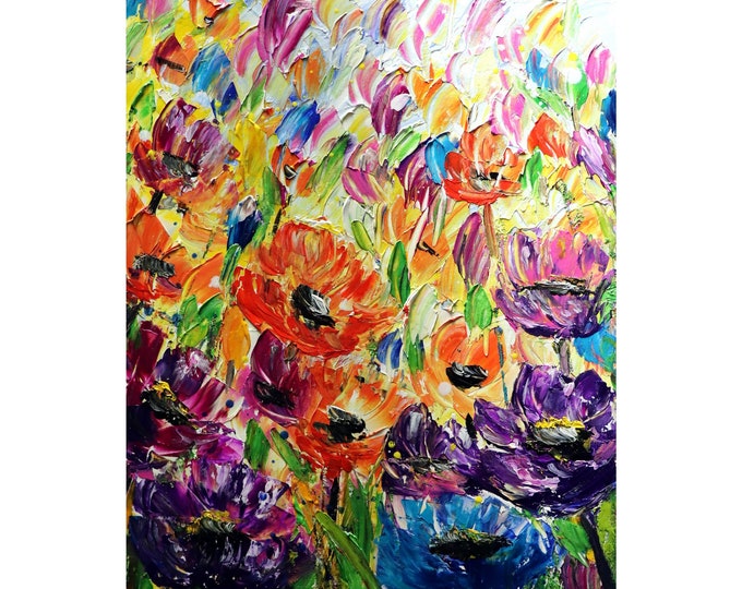 FRESH FLOWERS Vivid Summer in Bloom Original Painting Impasto Textured Oil Vertical Canvas Art by Luiza Vizoli