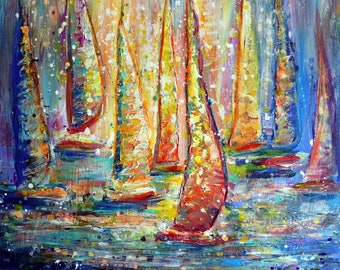 Ocean Sunset Lights Sailboats Original Painting Colorful Beach House Home Decor ready to ship, ready for hanging on your wall