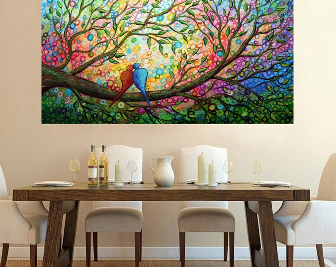 Happy Couple Oil Painting: Colorful Birds on Tree, Large Canvas Art