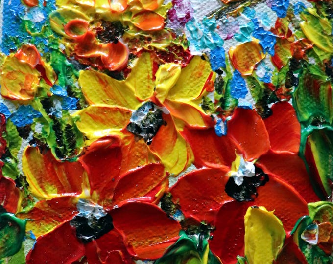 Mini Painting Red Yellow Orange Blue Fall Flowers and Butterfly Oil Impasto on Canvas, Colorful 4x4 Original OOAK