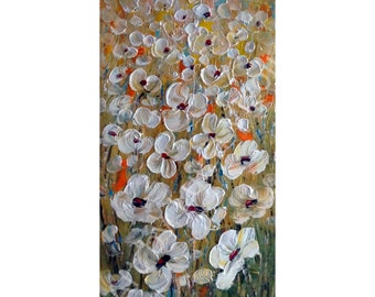 White Flowers Original Painting Oil Impasto Large Canvas Abstract Floral Art