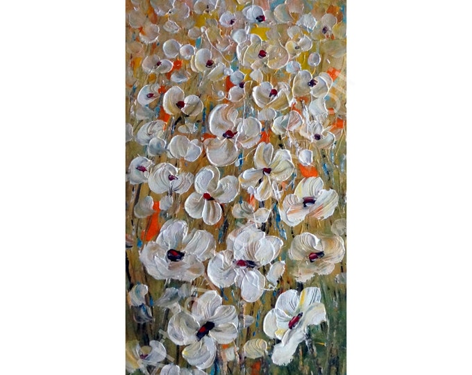 White Flowers Original Painting Oil Impasto Large Canvas Abstract Floral Art