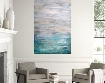 Experience the tranquility of the ocean with this stunning extra large vertical canvas ORIGINAL painting MIST LAGOON