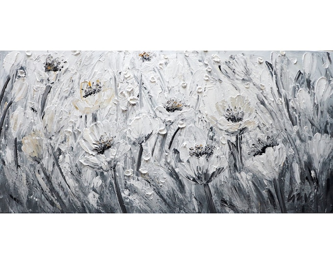 Spring TULIPS White Gray Abstract Flowers Painting Large Canvas ready to ship