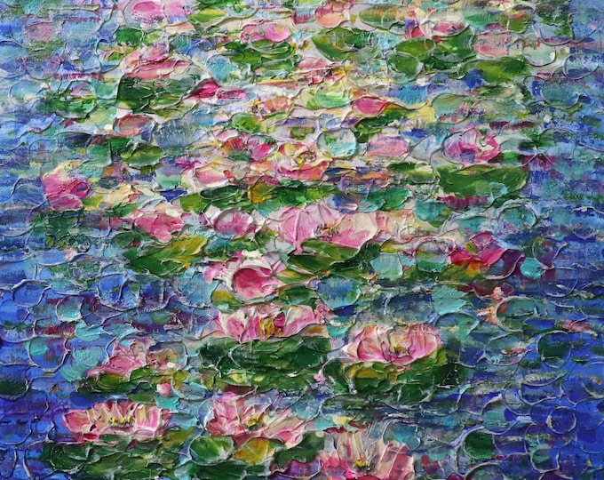 Pink Lily Pond Painting, Original Textured Water Art, 12x12 by Luiza Vizoli