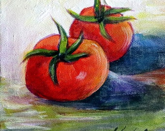 Fresh Tomato, Food Art, Kitchen Decor, Vegetables Oil Painting, Two Red Tomatoes Wall Decor