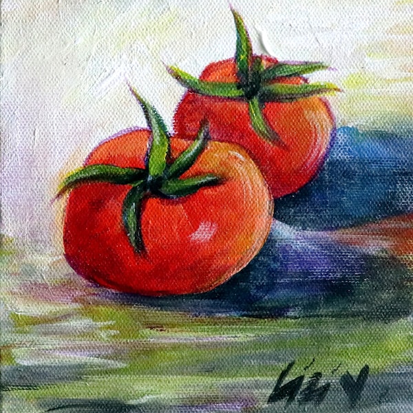 Fresh Tomato, Food Art, Kitchen Decor, Vegetables Oil Painting, Two Red Tomatoes Wall Decor