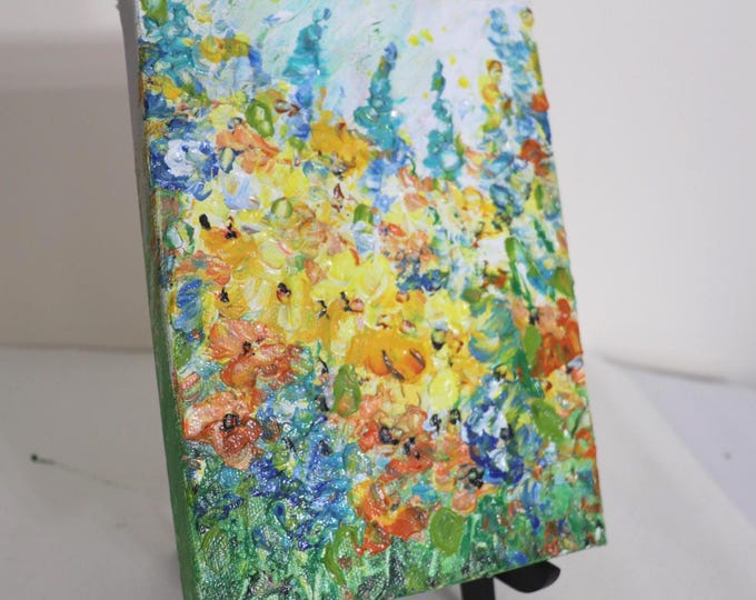 Original Wildflower Painting, 6x8 Colorful Textured Floral Landscape Oil Art