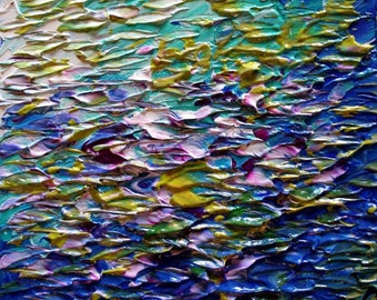 Blue White Water Flowers Original Abstract Modern Impasto Palette Knife Oil Painting CUSTOM SMALL ART