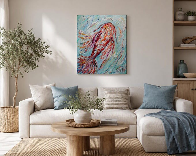Original Koi Fish Painting 20x24, Crimson Current, Textured Palette Knife Canvas Art