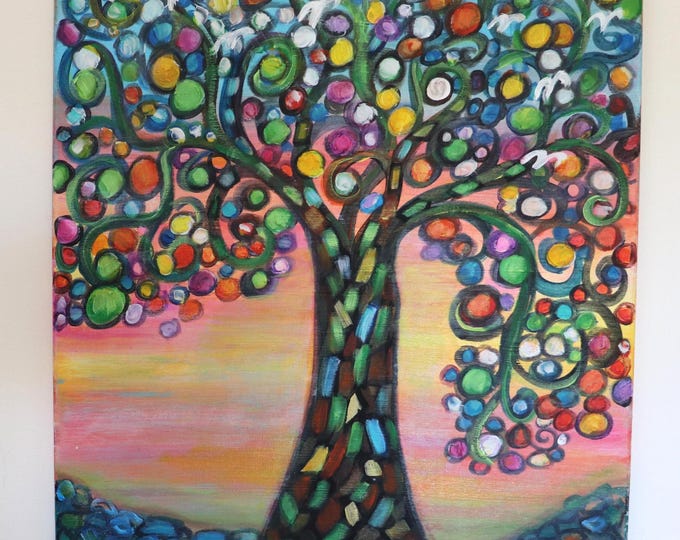 Whimsical Tree of Life Art: Hand-Painted Acrylic, Colorful Birds