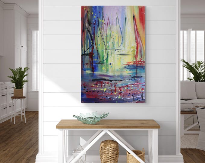 Abstract Ocean Sunset Wall Art, Coastal Canvas, Beach House Decor, Colorful Sailboat Painting 24x36
