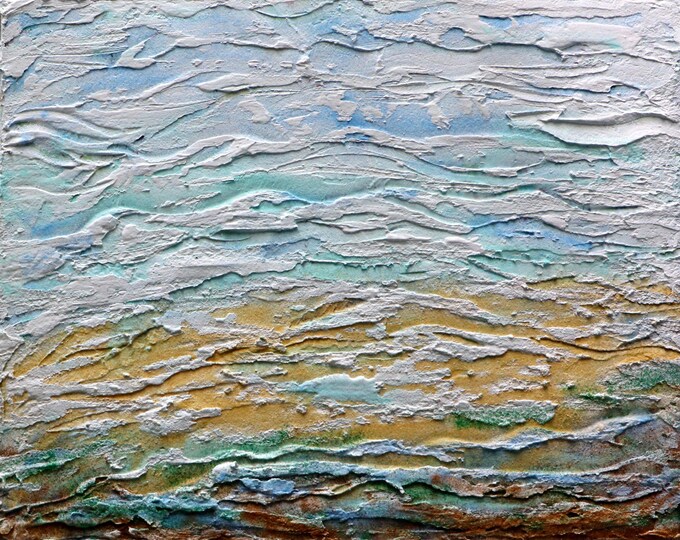 Beach Sand Ocean Water and the Sky , Tranquil Shoreline Original Painting on Canvas , OOAK