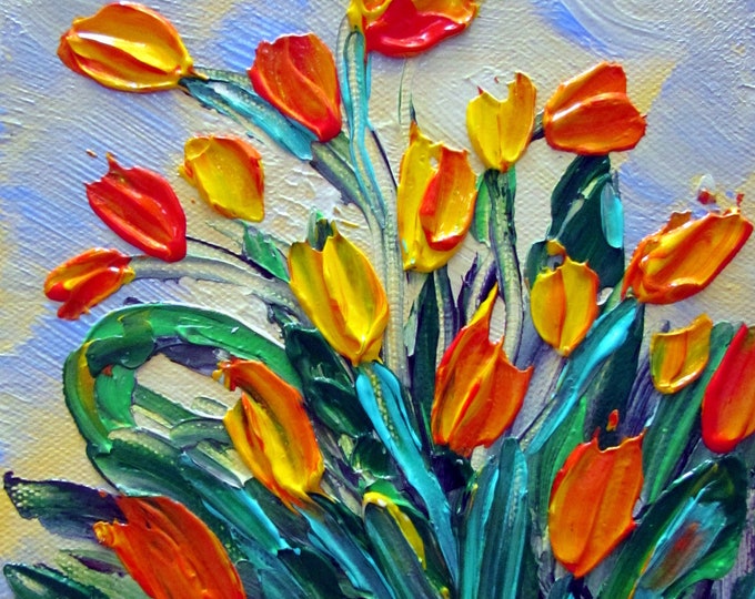 Original Modern Impressionist Flowers Palette Impasto Oil Painting YELLOW TULIPS by Luiza Viozoli