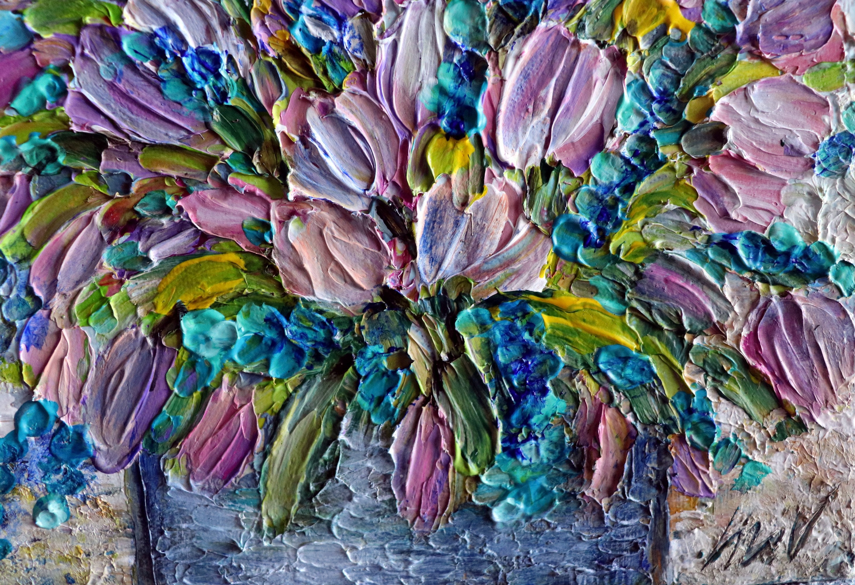 Pink TULIPS Flowers Bouquet in a Vase Original Oil Painting Impasto ...