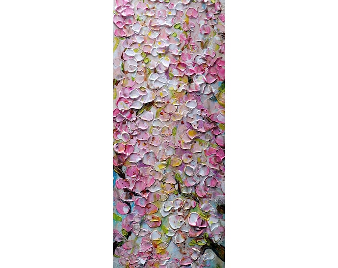 Cherry Blossom Springtime Japan Pink Flowers Original Painting Vertical Narrow Canvas