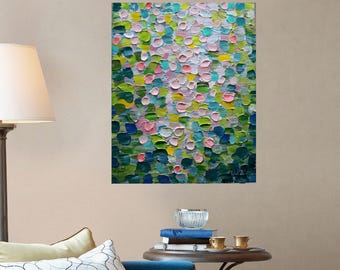 Abstract Coastal Landscape Painting: Pink, Green, Yellow, and Blue Oil on Canvas