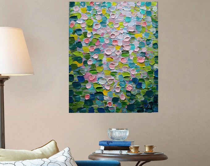 Abstract Coastal Landscape Painting: Pink, Green, Yellow, and Blue Oil on Canvas