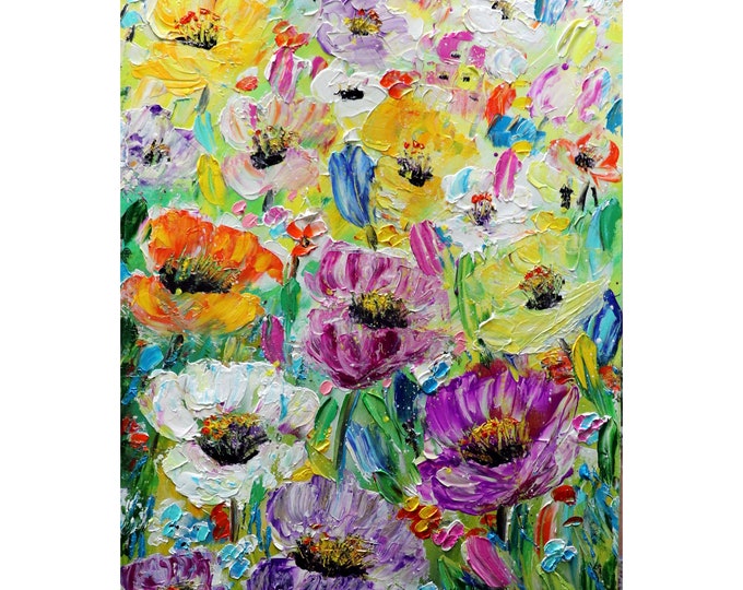 Tall Vertical Flowers ORIGINAL Painting Oil Textured Colorful Purple, Yellow, Pink, White, Orange, Blue Wildflowers Art Luiza Vizoli