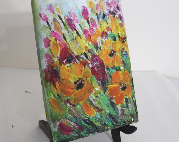 Original Small Wildflower Painting, Colorful Textured Floral Meadow Art, 5x7