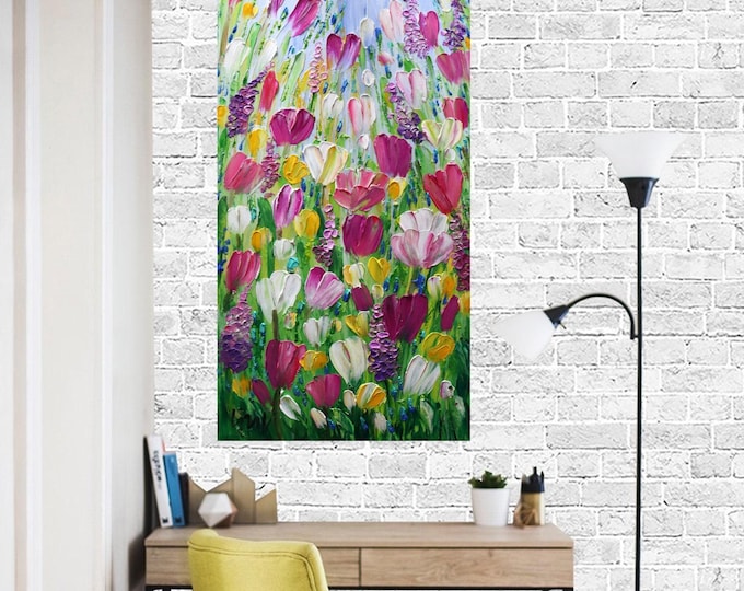 Tulip Impasto Oil Painting: Spring Floral Art on Canvas (18x36)