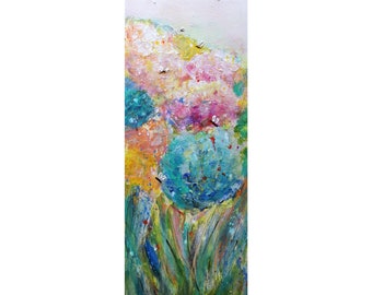 Tall Vertical Painting Bees Butterflies Colorful Spring Hydrangeas Garden Original Painting by Luiza Vizoli, narrow canvas