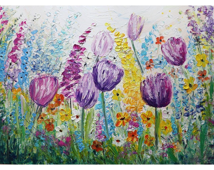 Spring Garden Purple Tulips Original Painting made on Large Canvas Ready to Hang Art by Luiza Vizoli