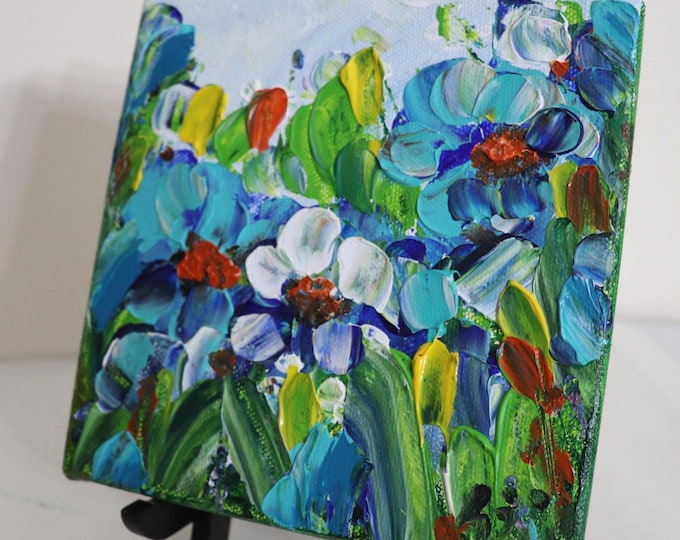 Original Oil Painting, 6x6 Canvas, Blue Flowers Signed Art