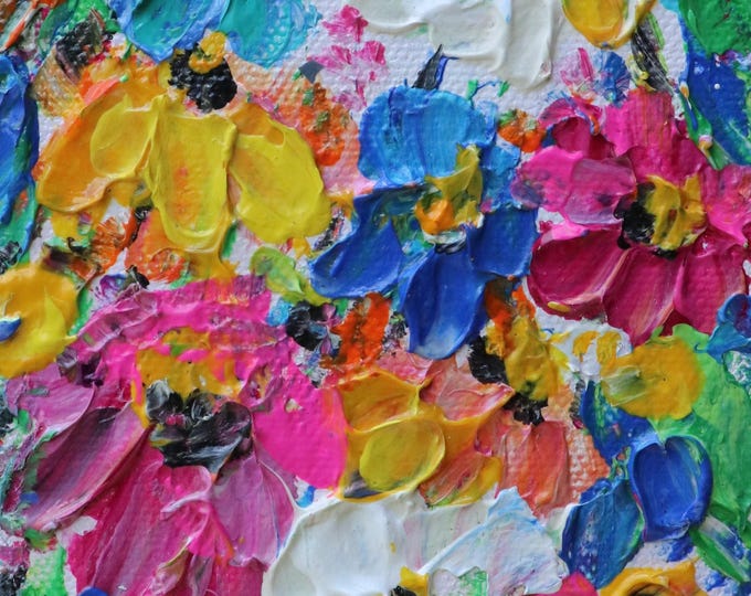 Original Mini Wildflower Painting with Bees, Colorful Floral Art, 4x6