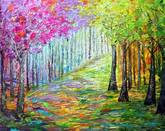 Spring Landscape Flowers Lilacs in Bloom SPRING PATHWAY Large Original Painting Art by Luiza Vizoli