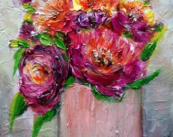 Flowers Bouquet Rose-tinted Vase, Original Painting, Pink Purple Yellow Orange Flower on Gray