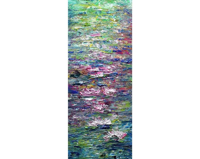 Water Lily Tall vertical wall art ORIGINAL PAINTING canvas abstract, Long Narrow wall decor for staircase, bathroom, kitchen, entryway