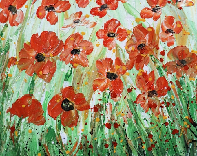 Poppies Original Painting, 20x20 canvas, red orange flowers