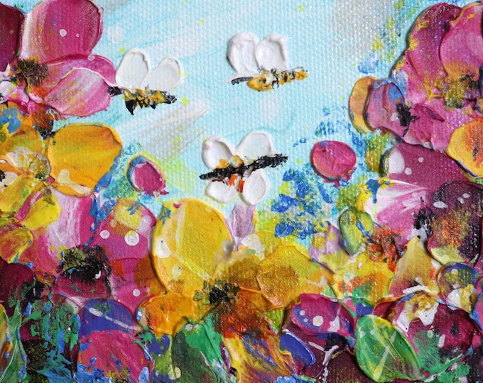 Original Wildflower Painting with Bees, Colorful Floral Garden Art, 4x6
