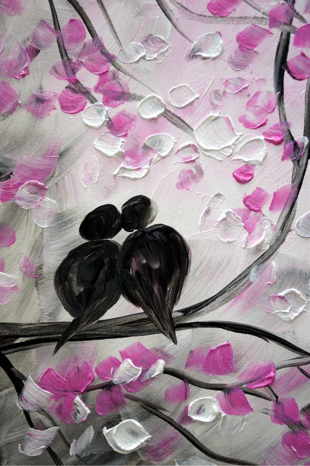 Because I Love You Pink Cherry Spring Birds Abstract Love Birds On Grey Impasto Oil On Canvas By Luiza Vizoli