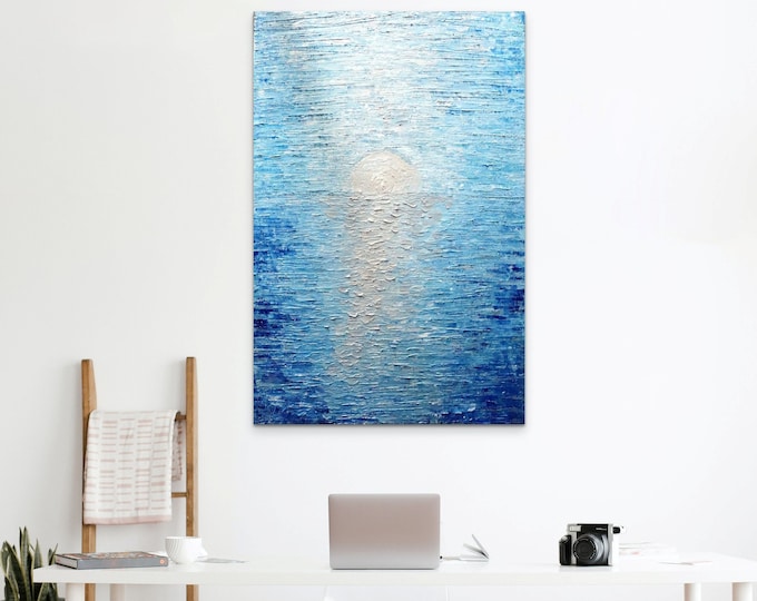 Shimmering Water Sunlight Silver Blue Reflections Original Ocean Abstract Painting Vertical Canvas