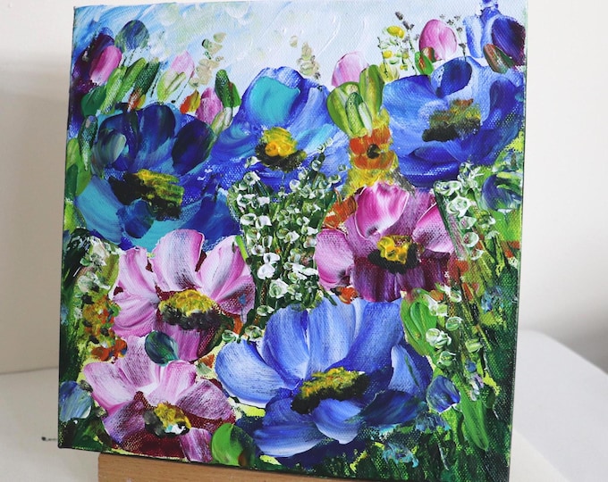 Original Oil Painting, 10x10 Canvas, Colorful Flowers Meadow