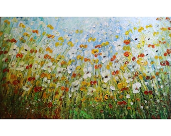 Daisy Flowers Fields Large Painting Lost in the Flowers Field Living Room Original Art by Luiza Vizoli Other Dimensions available