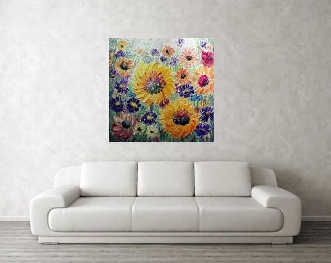 Summer Meadow Flowers Oil Painting: Abstract Impasto Art Canvas