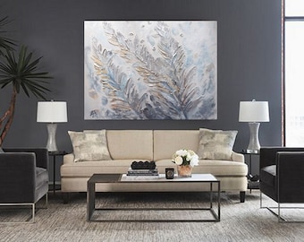 Neutral Botanical Texture Art, Large Abstract Leaf Painting, Japandi Wall Decor, Original Textured Canvas Art