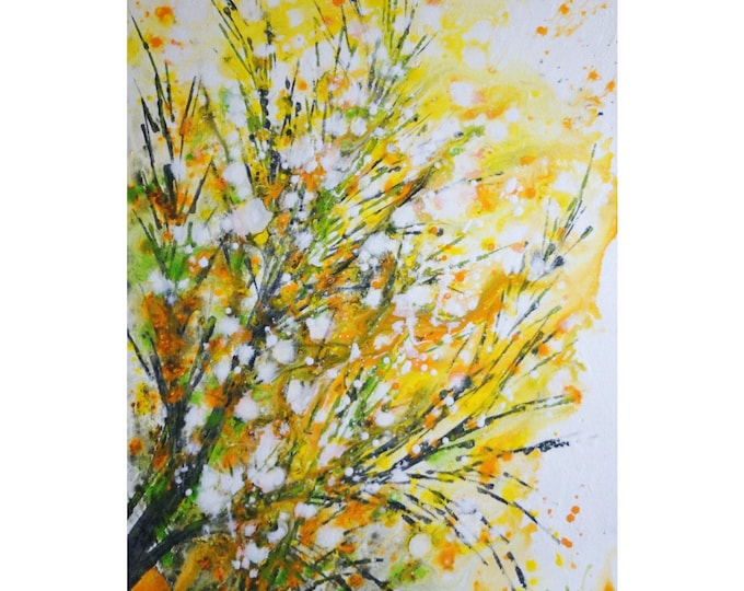 Celebrate SPRING Forsythia BLOOM Yellow White Green Gray Painting Original Painting Large Canvas Art by Luiza Vizoli